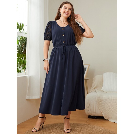 Plus Size Dark Blue  Puff Sleeve Solid Dress