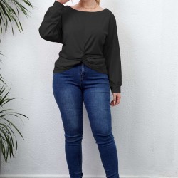 Plus Size Solid Twisted Boatneck Long Sleeve Tops