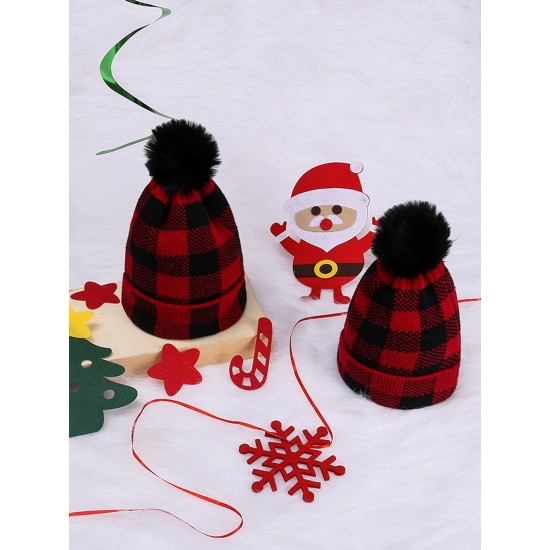 Red & Black Plaid Hairball Knitted Child Hat