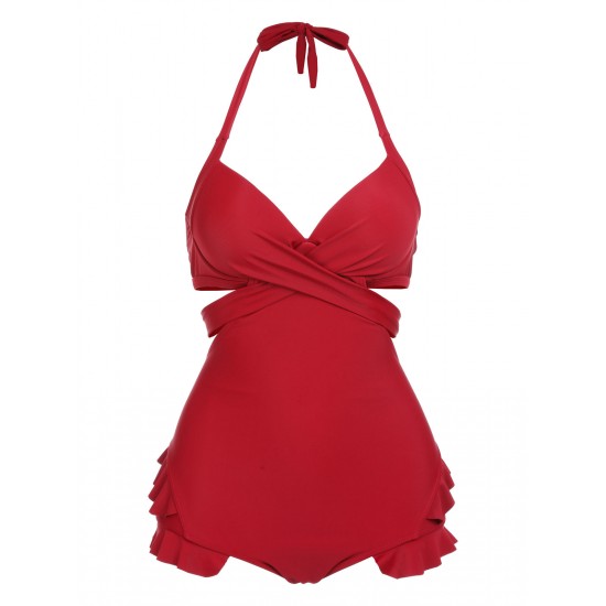 2PCS  Red Butterfly Halter One-piece Swimsuit