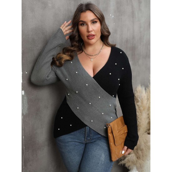 Plus Size  V-Neck Cross Sweater With Pearl