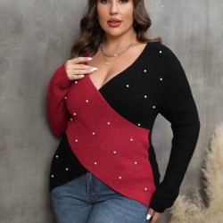 Plus Size  V-Neck Cross Sweater With Pearl