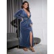 Plus Size Navy Blue Deep V-neck Waist Dress With Belt