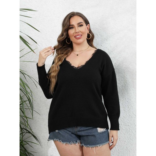 Plus Size Black V-Neck Lace Patchwork Knit Top