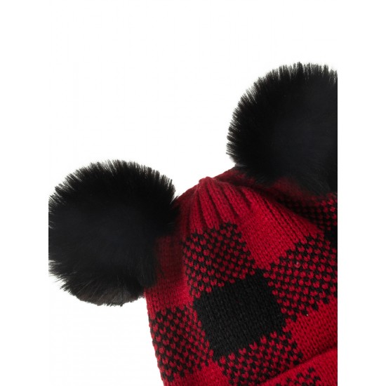 Red & Black Plaid Hairball Knitted Parent Hat