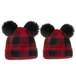 Red & Black Plaid Hairball Knitted Parent Hat