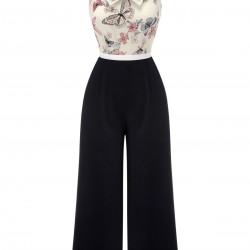 Black & White  Lapel Floral Butterfly Jumpsuit