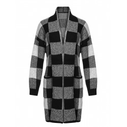 Black & Gray  Plaid Knitted Long Cardigan