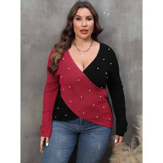 Plus Size  V-Neck Cross Sweater With Pearl