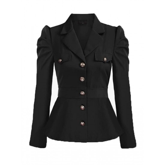 Black  Solid Gigot Sleeves Blazer