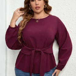 Plus Size Purple  Elastic Cuffs Tie-Up Top