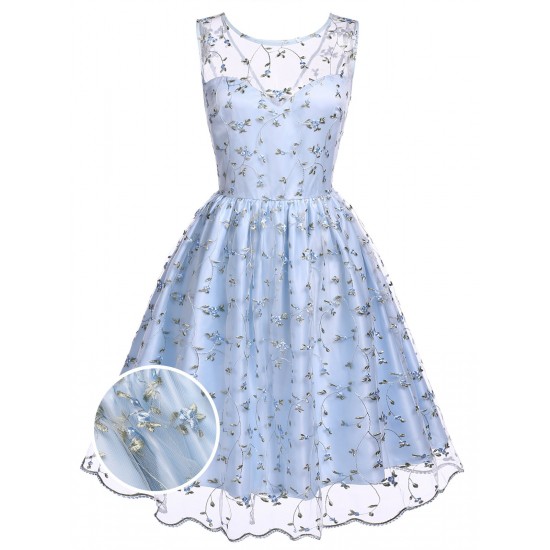 Blue  Floral Embroidery Lace Dress