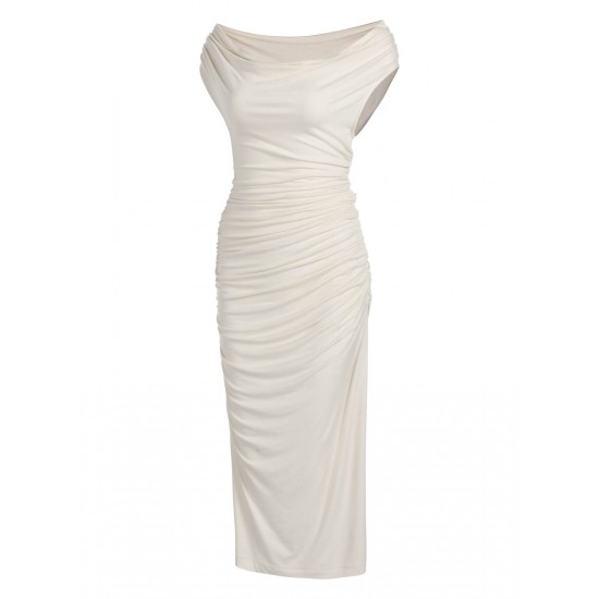 Ivory  Cap Sleeve Slim Pleated Dress