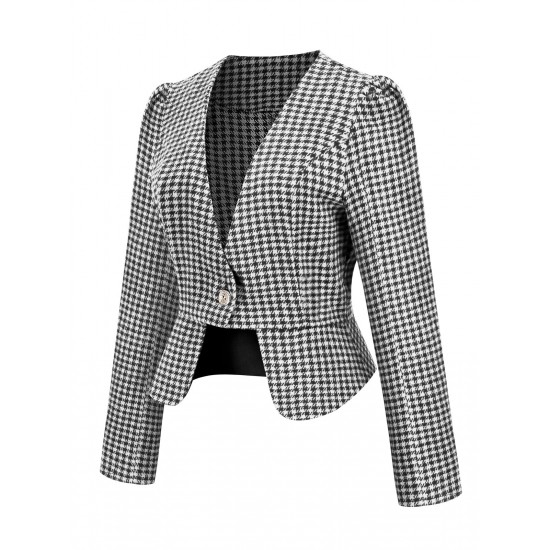 Green   Plaid Button Fitted Blazer