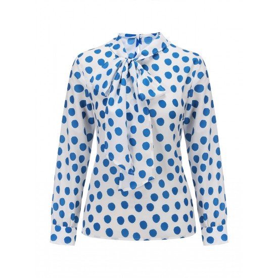  Blue Dots Tie-Up Collar Blouse