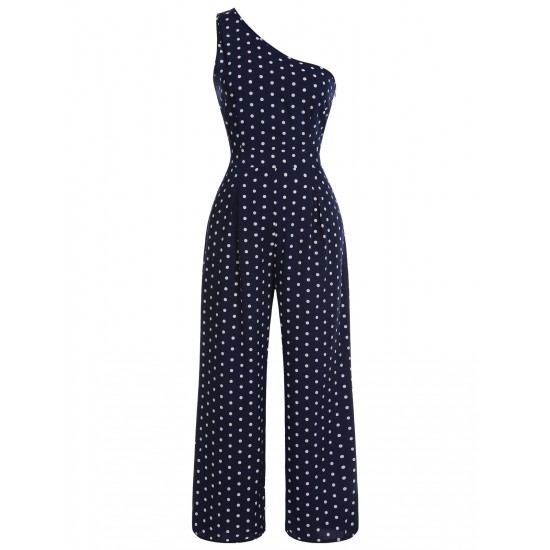 Navy Blue  One-shoulder Dot Jumpsuit