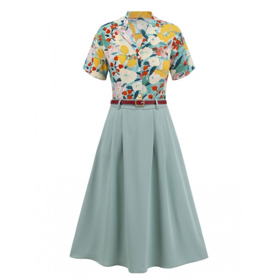 2PCS Light Blue  Floral Blouse & Solid Belted Skirt