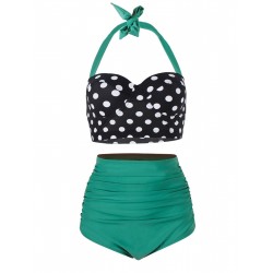  Polka Dot Halter Pleated Bikini