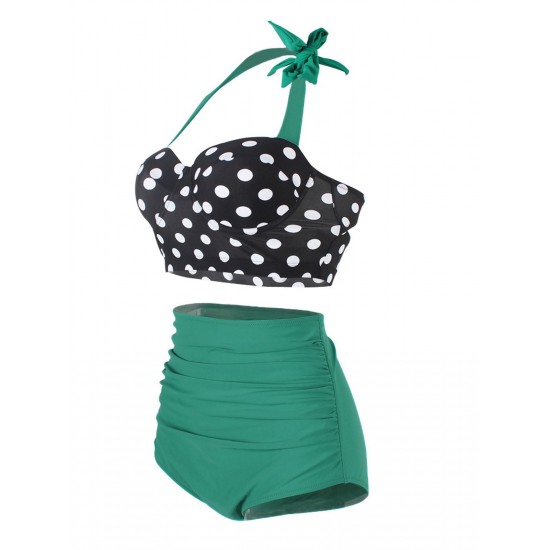  Polka Dot Halter Pleated Bikini