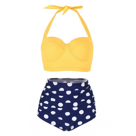  Polka Dot Halter Pleated Bikini