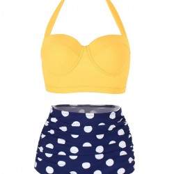  Polka Dot Halter Pleated Bikini