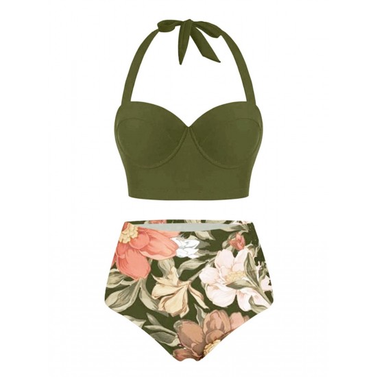 Olive  Lace-Up Halter Flowers Bikini Set