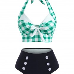 Green  Checked Halter Bowknot Bikini Set