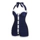 Navy Blue  Pleated Halter Swimsuit