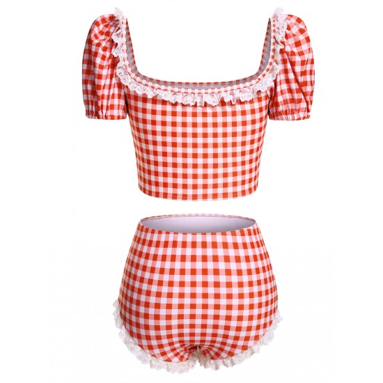 2PCS  Plaid Lace Patchwork Swimsuit