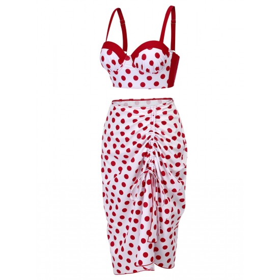 Red  Polka Dot Pleated Swimsuit