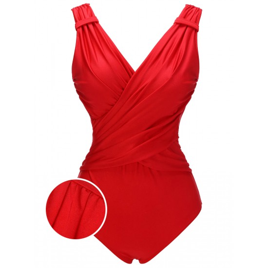 Red  V-Neck Solid One-piece Swimsuit